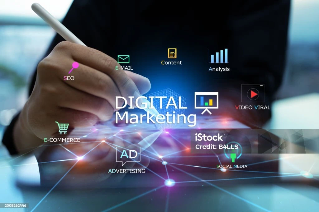 Digital marketing trends in 2026 illustrated with graphs, charts, and digital devices on a modern workspace desk. 